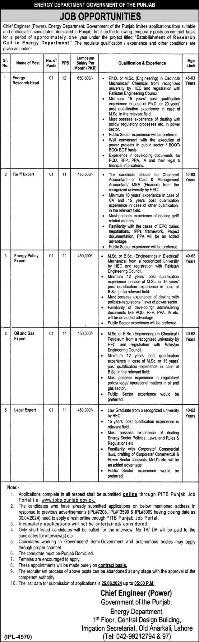 Energy Department Government of Punjab Jobs Advertisement 2024