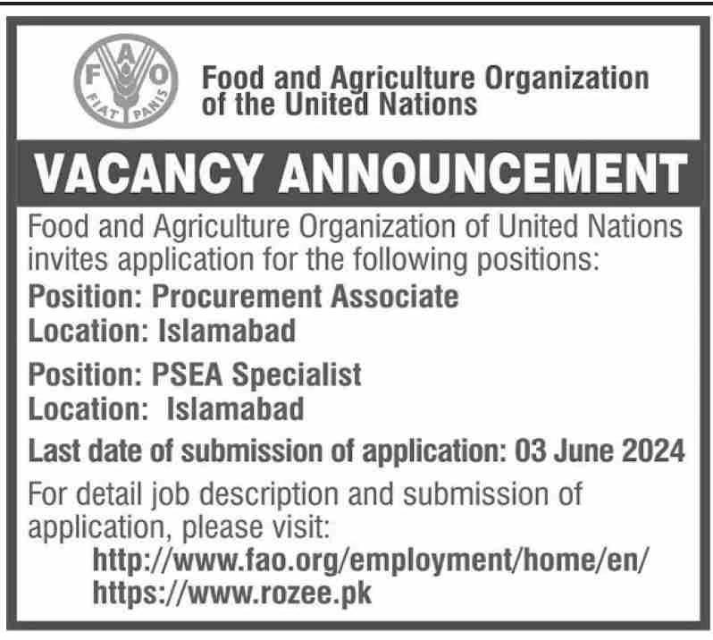 Food and Agriculture Organization of the United Nations Latest Jobs Advertisement May 2024