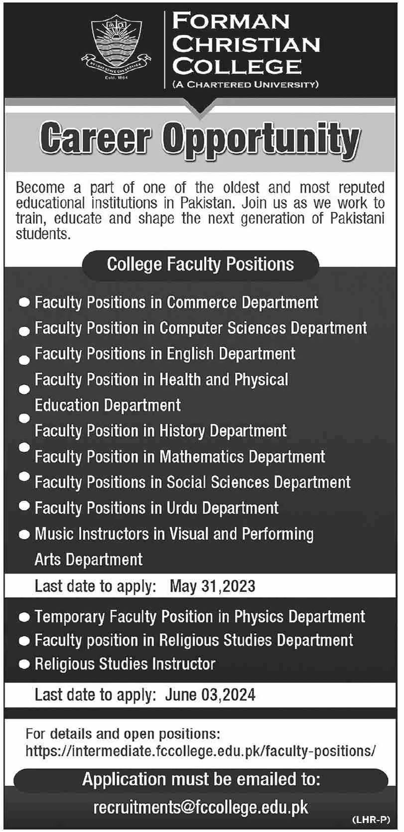 Forman Christian College Jobs Advertisement