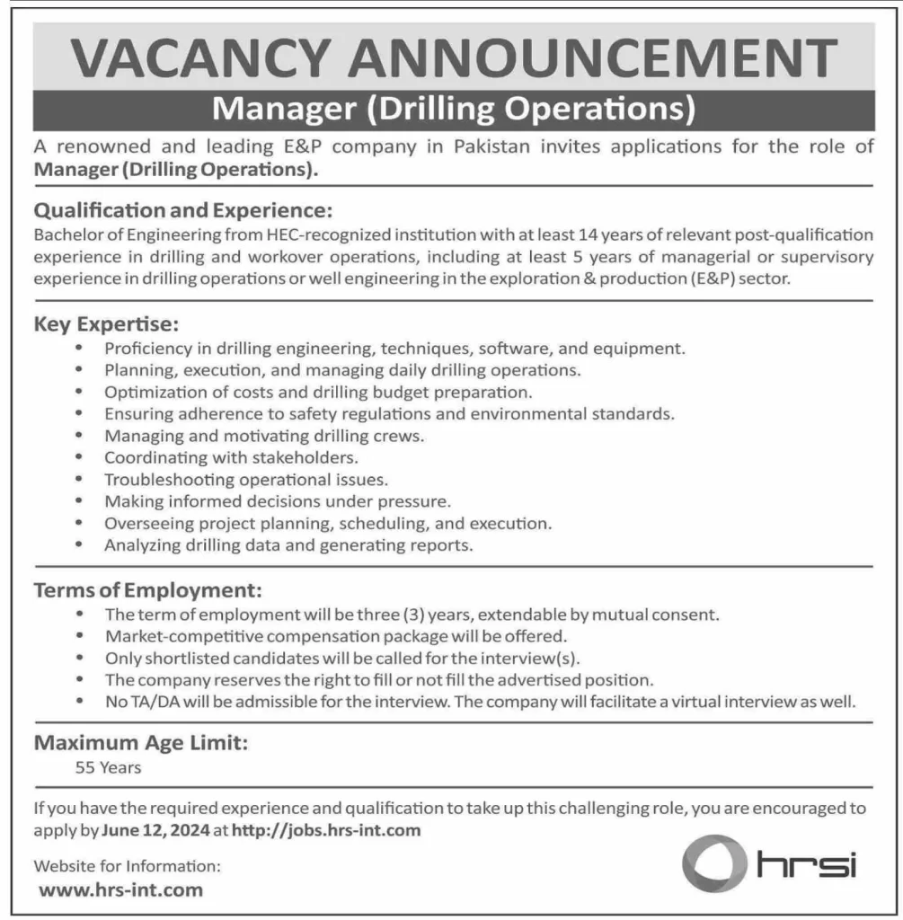 HRSI Advertisement for the Post of Manager Drilling Operations