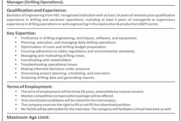 HRSI Advertisement for the Post of Manager Drilling Operations