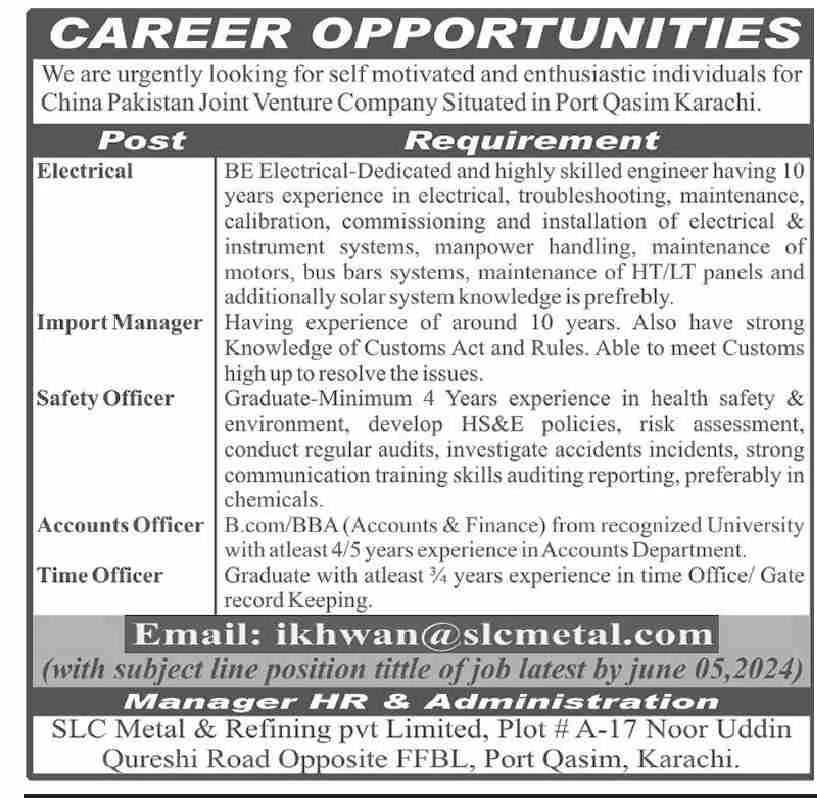 SLC Metal & Refining PVT Limited latest jobs Advertisement May 2024