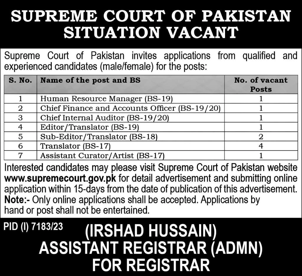 Supreme Court of Pakistan latest jobs Advertisement May 2024