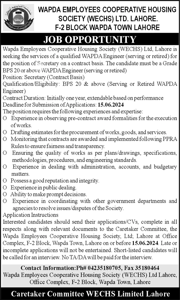 WECHS Ltd. Secretary Job Advertisement May 2024