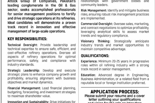 The Attock Oil Company Limited Senior Management Operations Jobs Advertisement