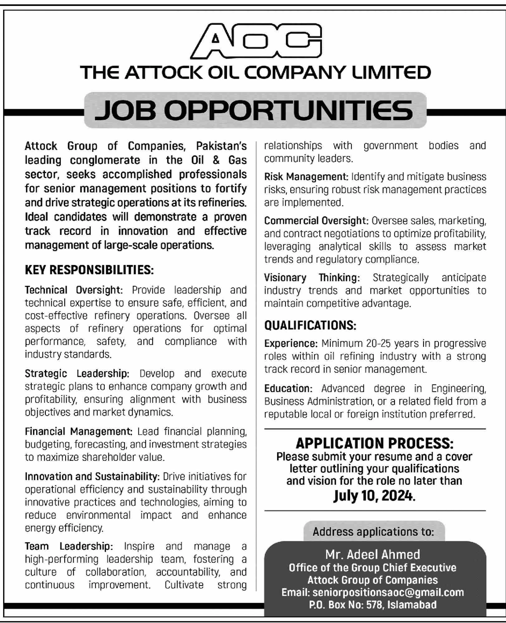 The Attock Oil Company Limited Senior Management Operations Jobs Advertisement 