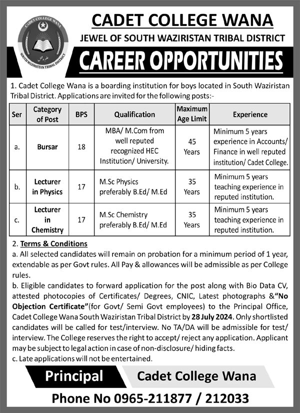 Cadet College Wana Bursar and Lecturer Jobs Advertisement July 2024