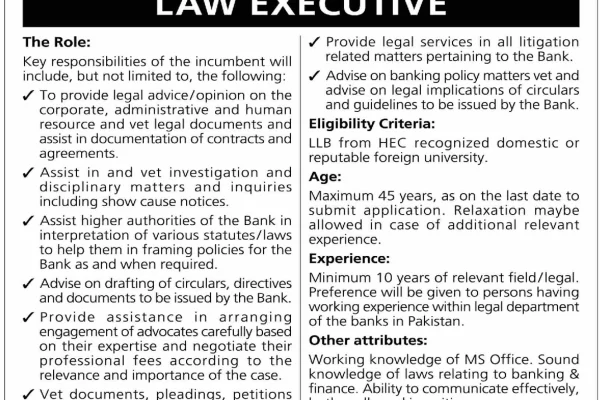 Law Executive Jobs in Commercial Bank of Pakistan Advertisement