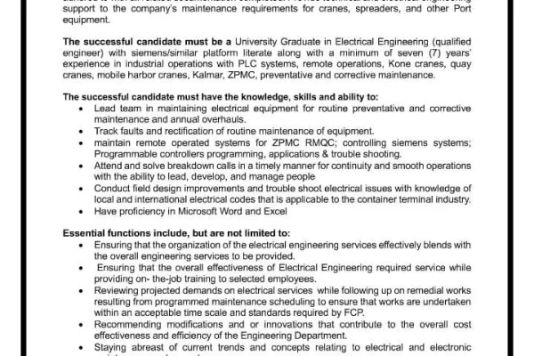 Electrical Engineer Jobs Advertisement of FCP Hutchison Ports