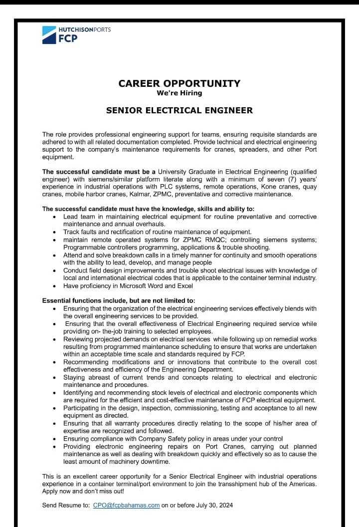 Electrical Engineer Jobs Advertisement of FCP Hutchison Ports 