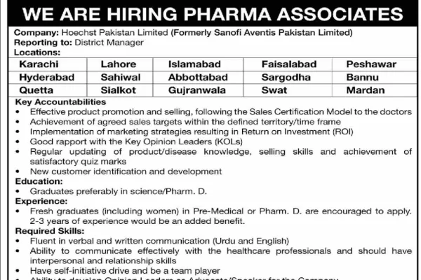 Hoechst Pharma Pakistan (Formerly Sanofi Aventis Pakistan Limited) Pharma Associate Jobs Advertisement