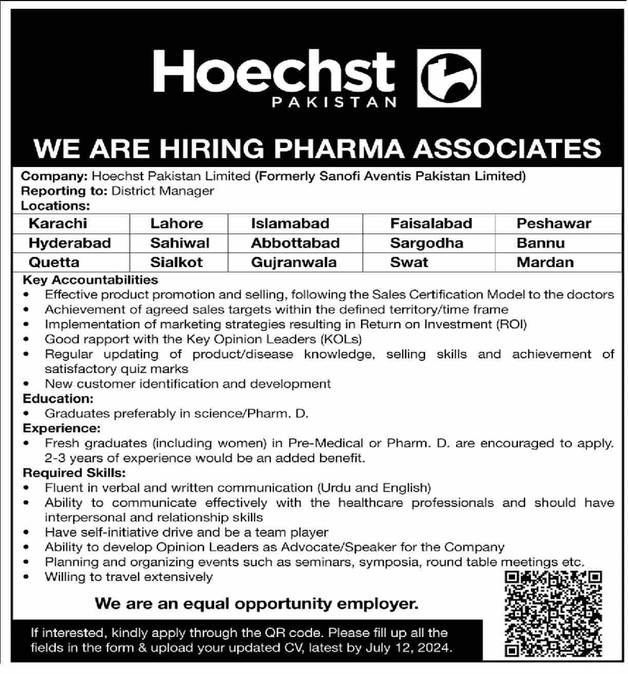 Hoechst Pharma Pakistan (Formerly Sanofi Aventis Pakistan Limited) Pharma Associate Jobs Advertisement 