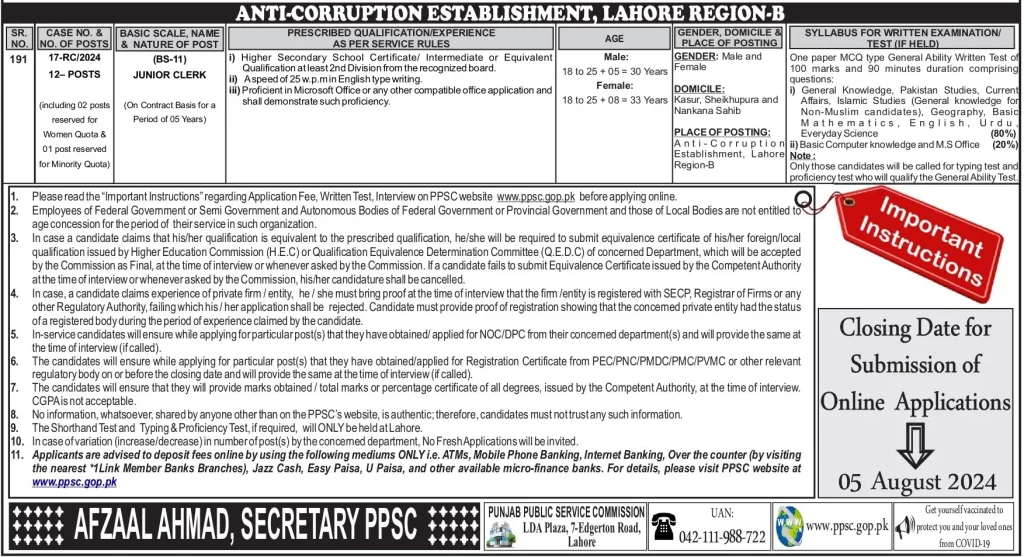 Punjab Anti Corruption Establishment Hiring at Junior Clerk Jobs Advertisement July 2024