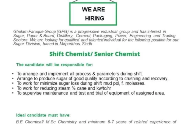 MirpurKhas Sugar Mills Limited Shift Chemist Job Advertisement July 2024