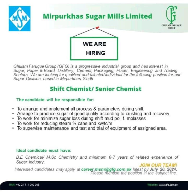 MirpurKhas Sugar Mills Limited Shift Chemist Job Advertisement July 2024