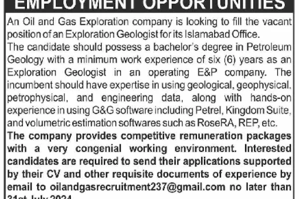 Exploration Geologist in Oil and Gas Exploration Company