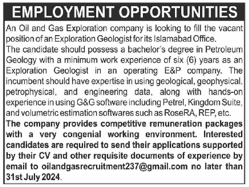 Exploration Geologist in Oil and Gas Exploration Company