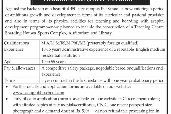 Sadiq Public School (SPS) Headmistress Job July 2024 Advertisement