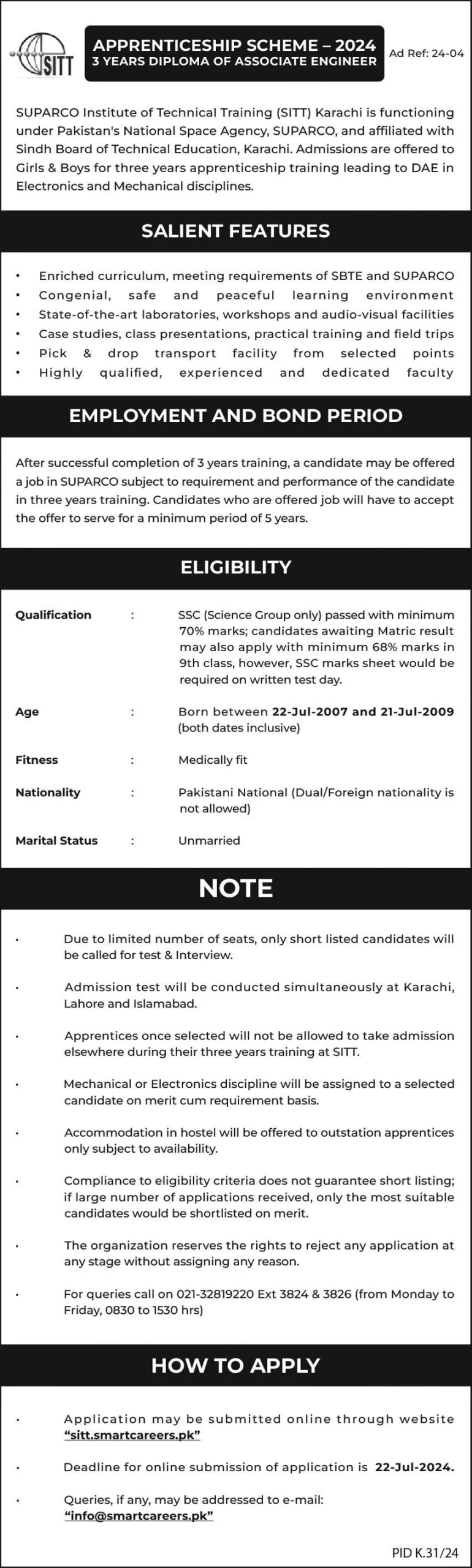 SUPARCO SITT Apprenticeship Scheme Advertisement July 2024