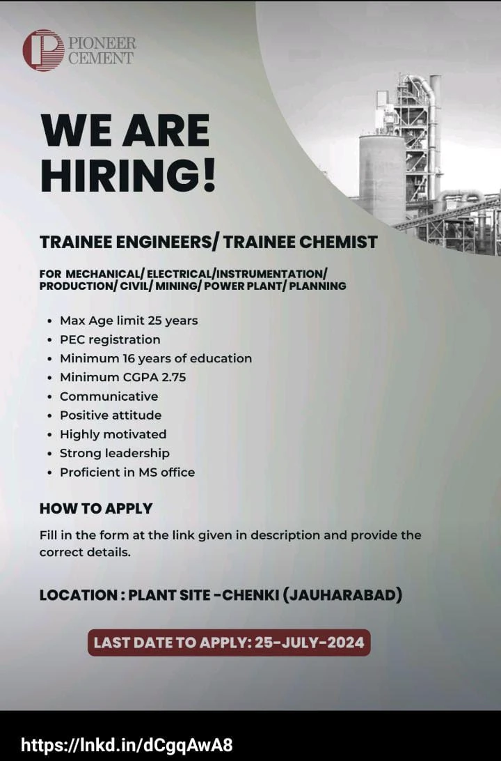 Pioneer Cement Jobs as Trainee Engineers/Chemist Advertisement July 2024