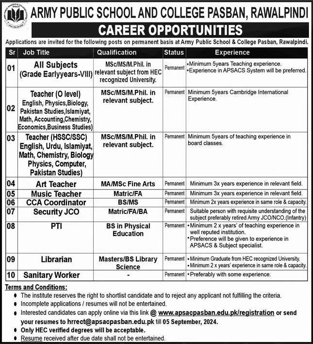 Teacher, Coordinator, Librarian & Many other jobs at Army Public School And College