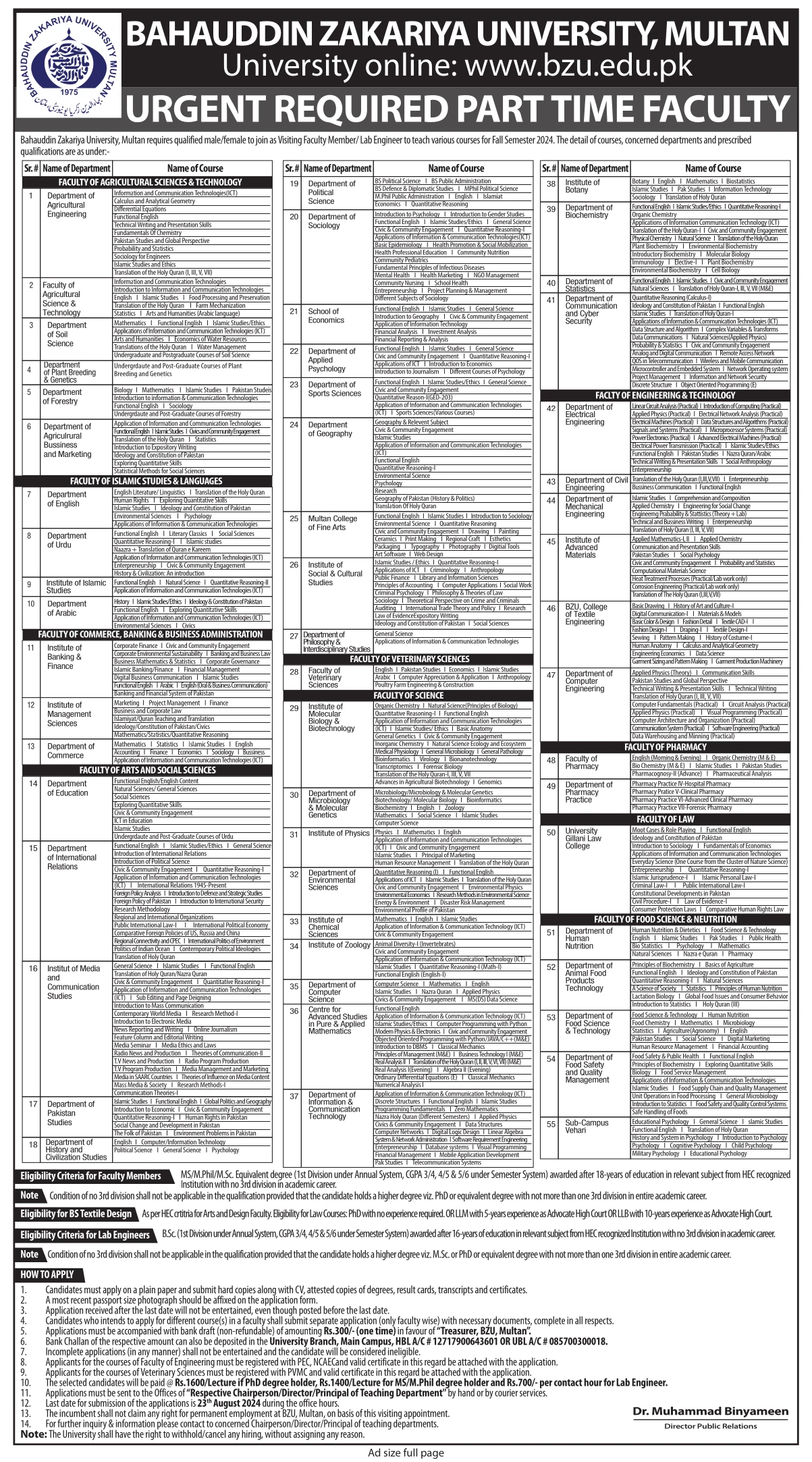 Bahaudding Zakariya University Required Urgent Staff in Many Faculties