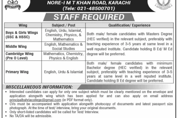 Teaching Jobs at Bahria College Karachi August 2024