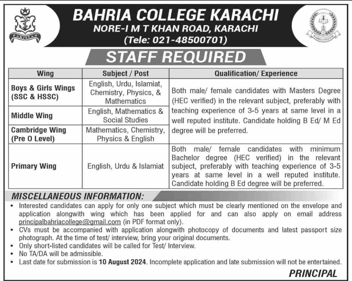 Teaching Jobs at Bahria College Karachi August 2024 