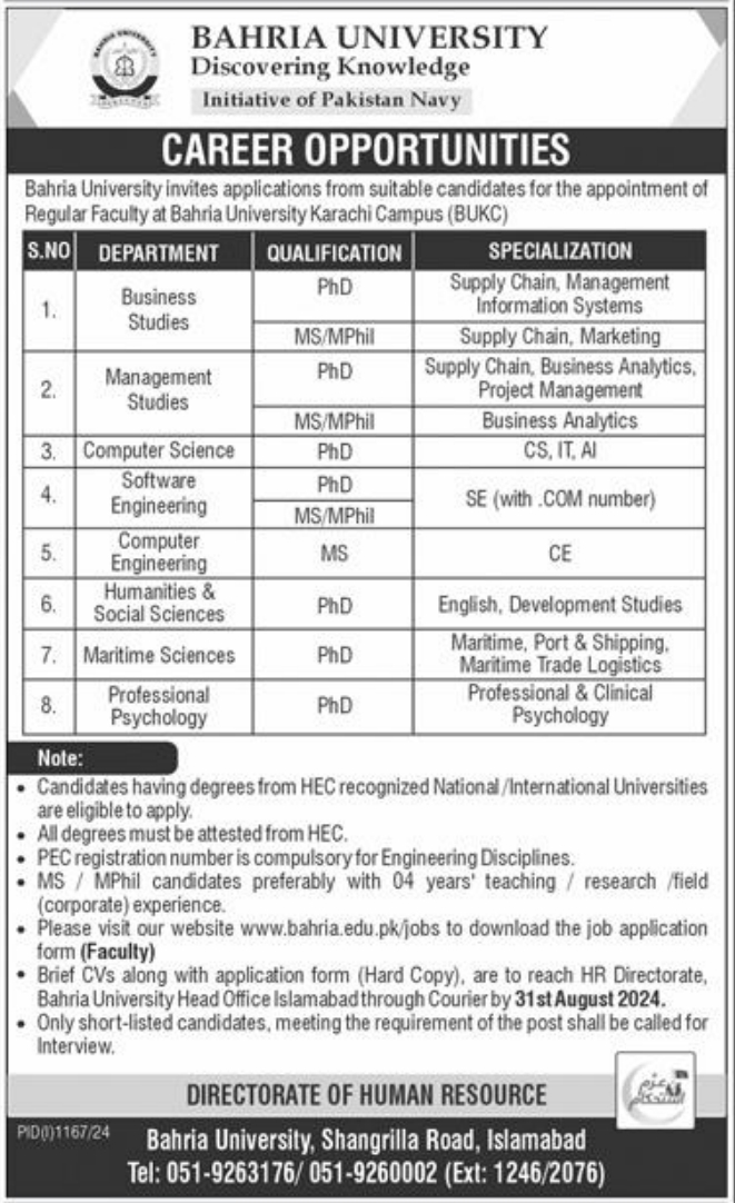 Teaching Faculty Jobs at Bahria University Latest Opportunities