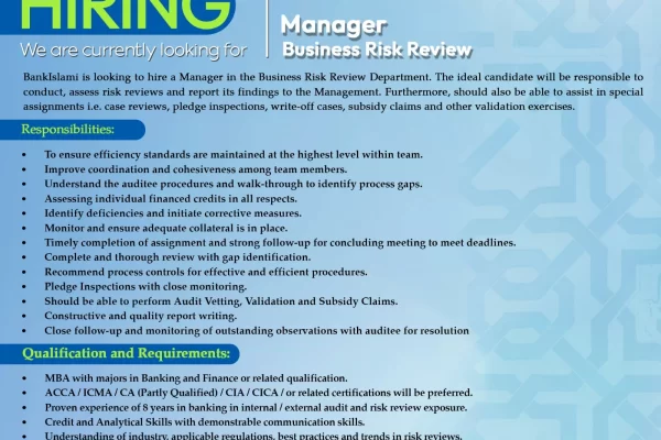 Bank Islami is Looking for Manager Business Risk Review