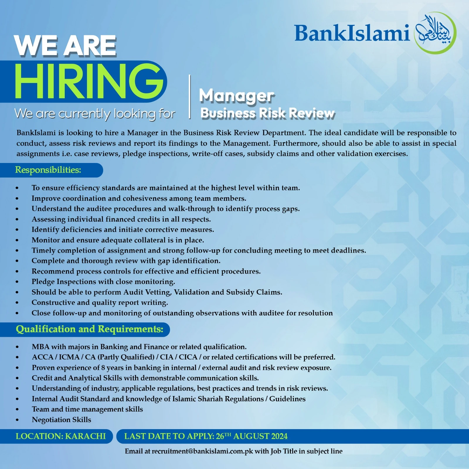 Bank Islami is Looking for Manager Business Risk Review