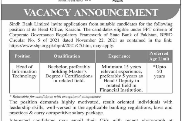 Sindh Bank Advertisement for the job of Head of Information Technology