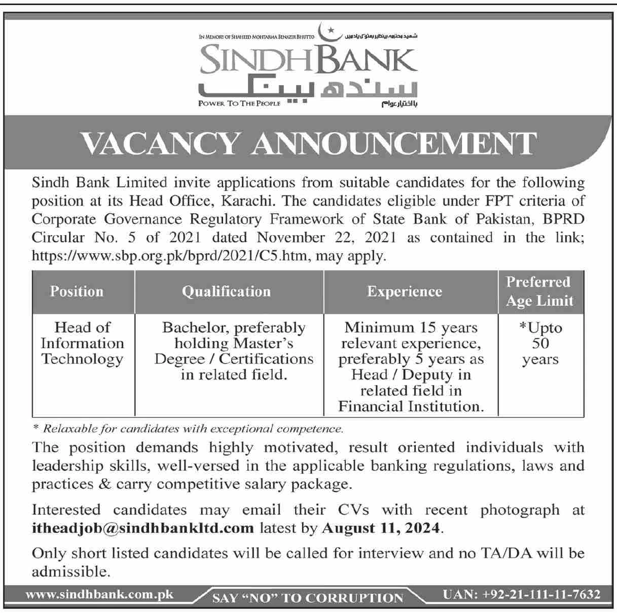 Sindh Bank Advertisement for the job of Head of Information Technology