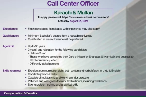 Meezan Bank Jobs August 2024 for Call Center Officer