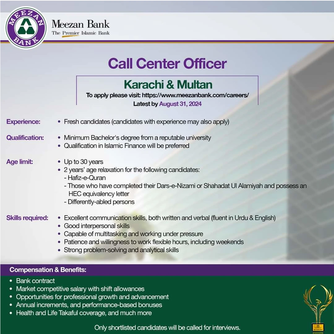 Meezan Bank Jobs August 2024 for Call Center Officer