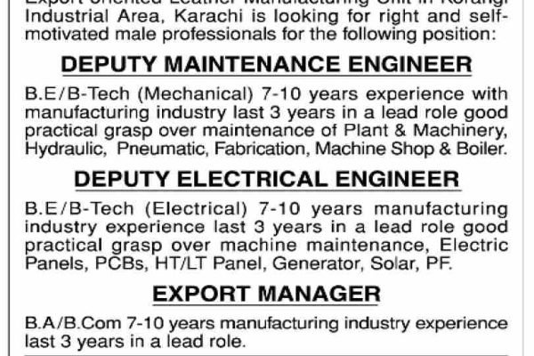 Maintenance & Electrical Engineer Required at Leather Manufacturing Unit