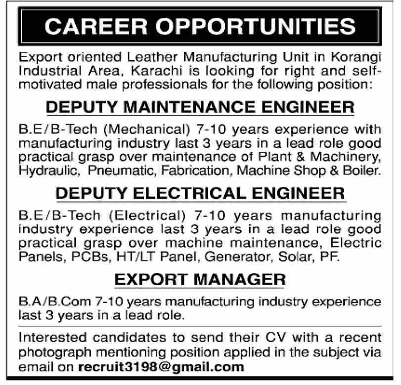 Maintenance & Electrical Engineer Required at Leather Manufacturing Unit