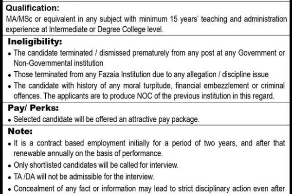 Fazaia Schools And Colleges job August 2024 for Principal