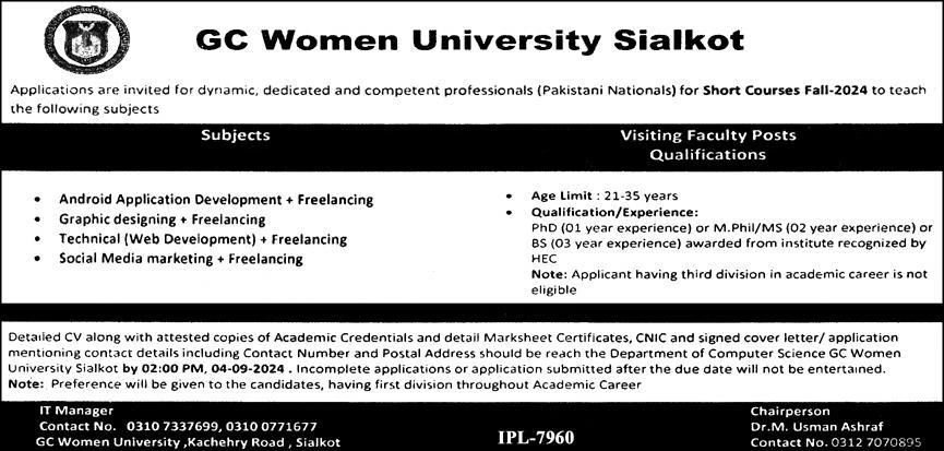 Teaching Job at GC Women's University Sialkot