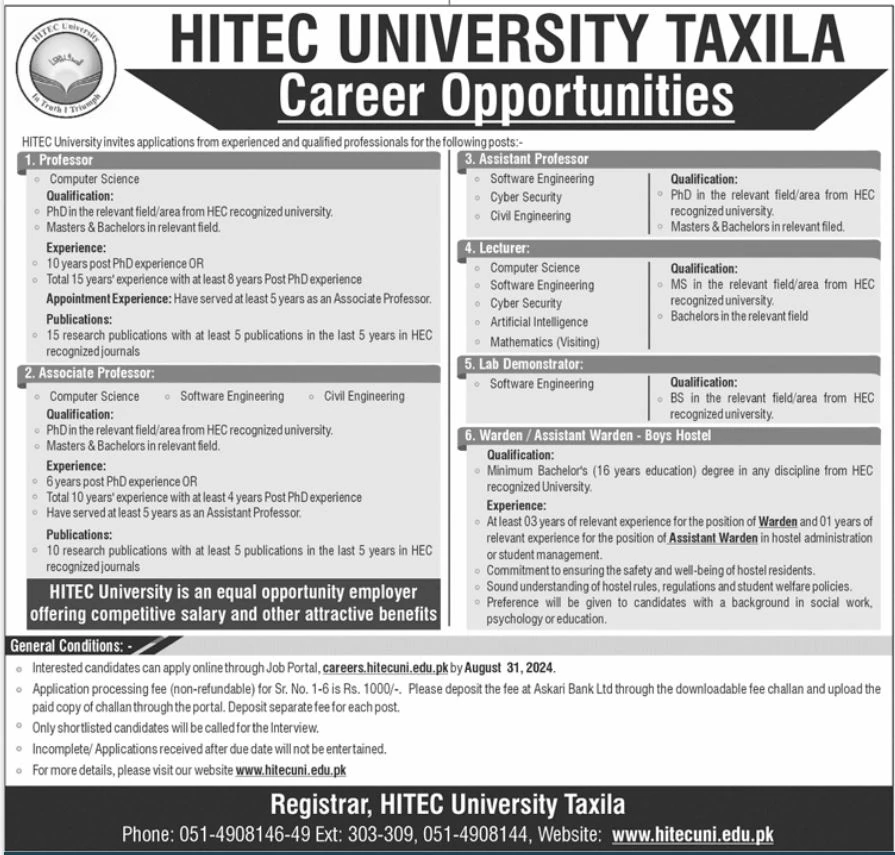 HITEC University Taxila Jobs for Teaching and Non Teaching Staff August 2024