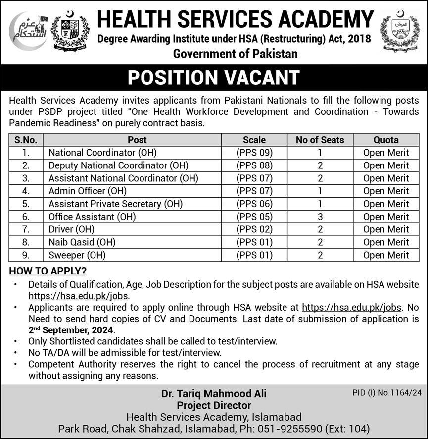 Admin Officer, Driver, Naib Qasid & Others Multiple Jobs at Health Services Academy