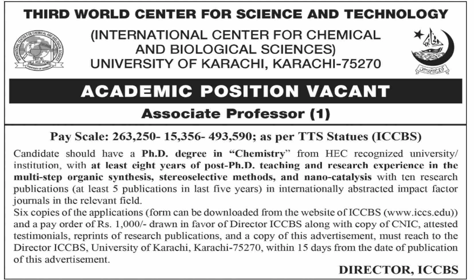 Associate Professor Post Job at International Center of Chemical And Biological Sciences 