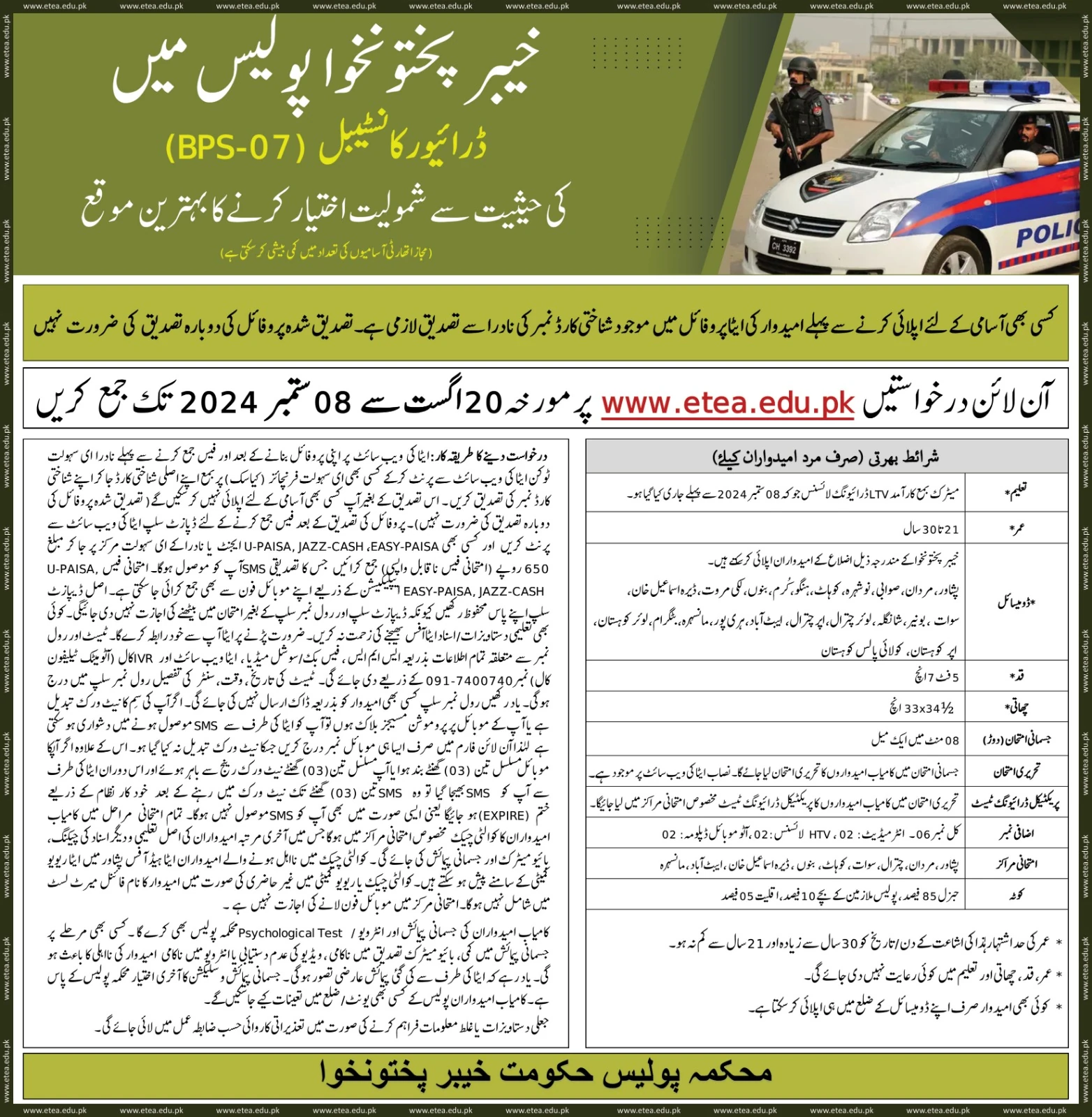 Police Constable Jobs for Khyber Pakhtunkhwa August 2024