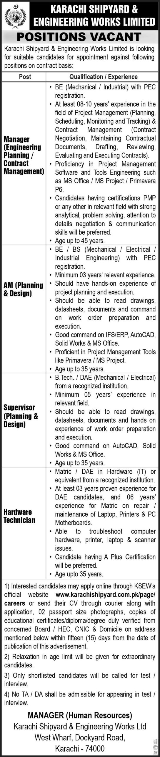 Engineers & Managers are Required at Karachi Shipyard & Engineering Works Limited