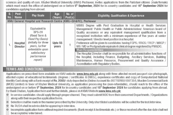 Hospital Director Jobs at Khyber Medical University General Hospital and Research Center