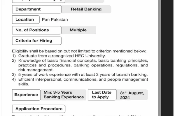 Muslim Commercial Bank Advertisement for the job of Branch Manager