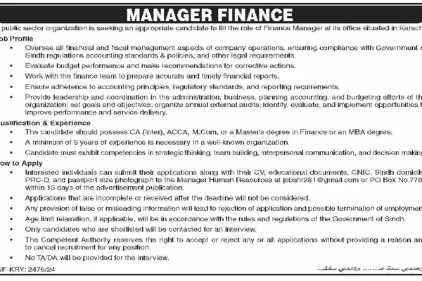 Public Sector Organization Jobs 2024 Apply Online for Finance Manager