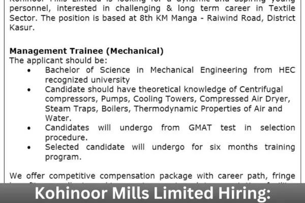 Khinoor Mills Limited is Seeking for a Mechanical Management Trainee