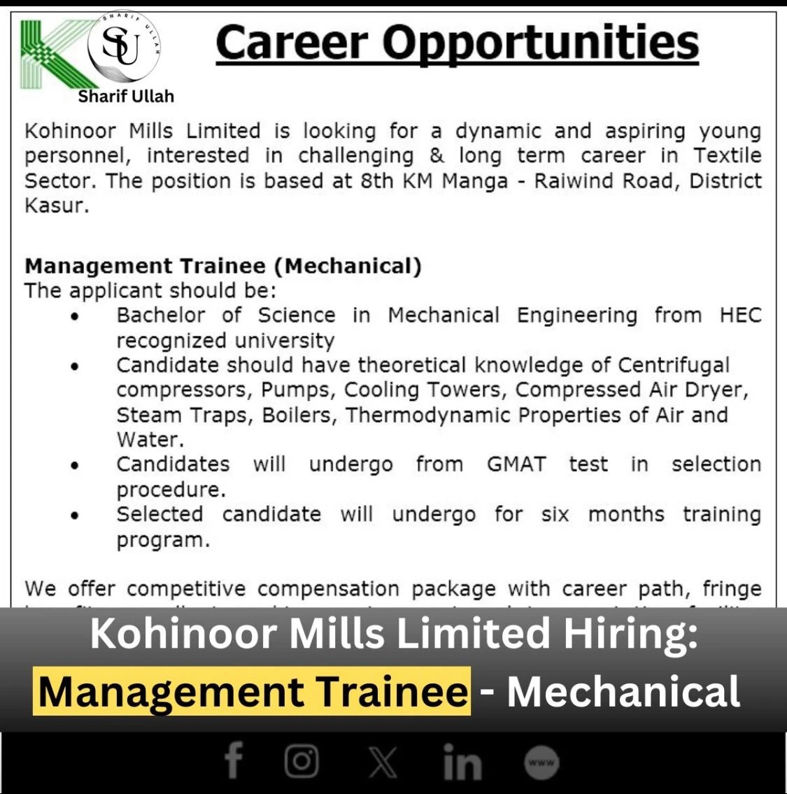 Khinoor Mills Limited is Seeking for a Mechanical Management Trainee 