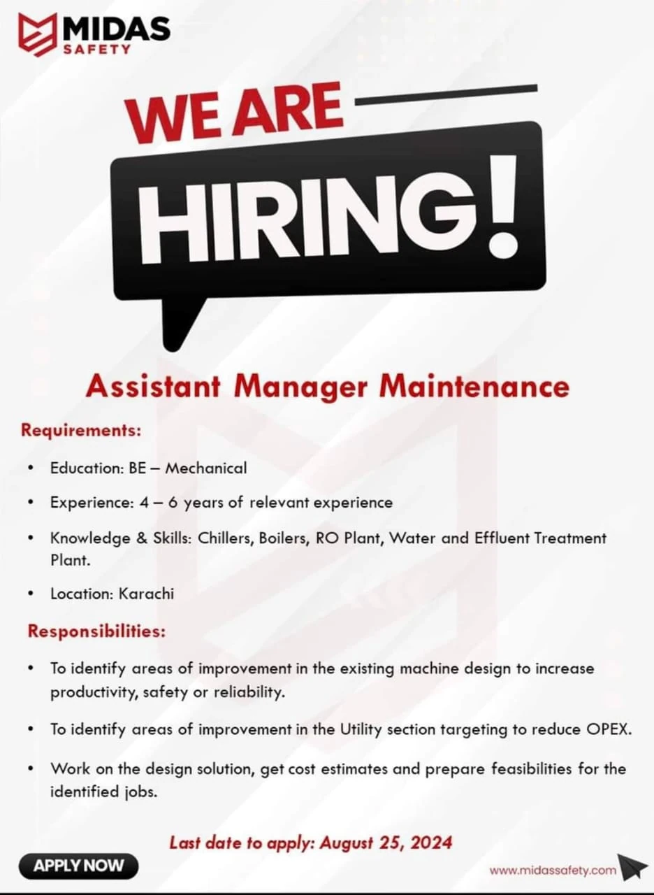 MIDAS Safety is Seeking for the an Assistant Manager Maintenance